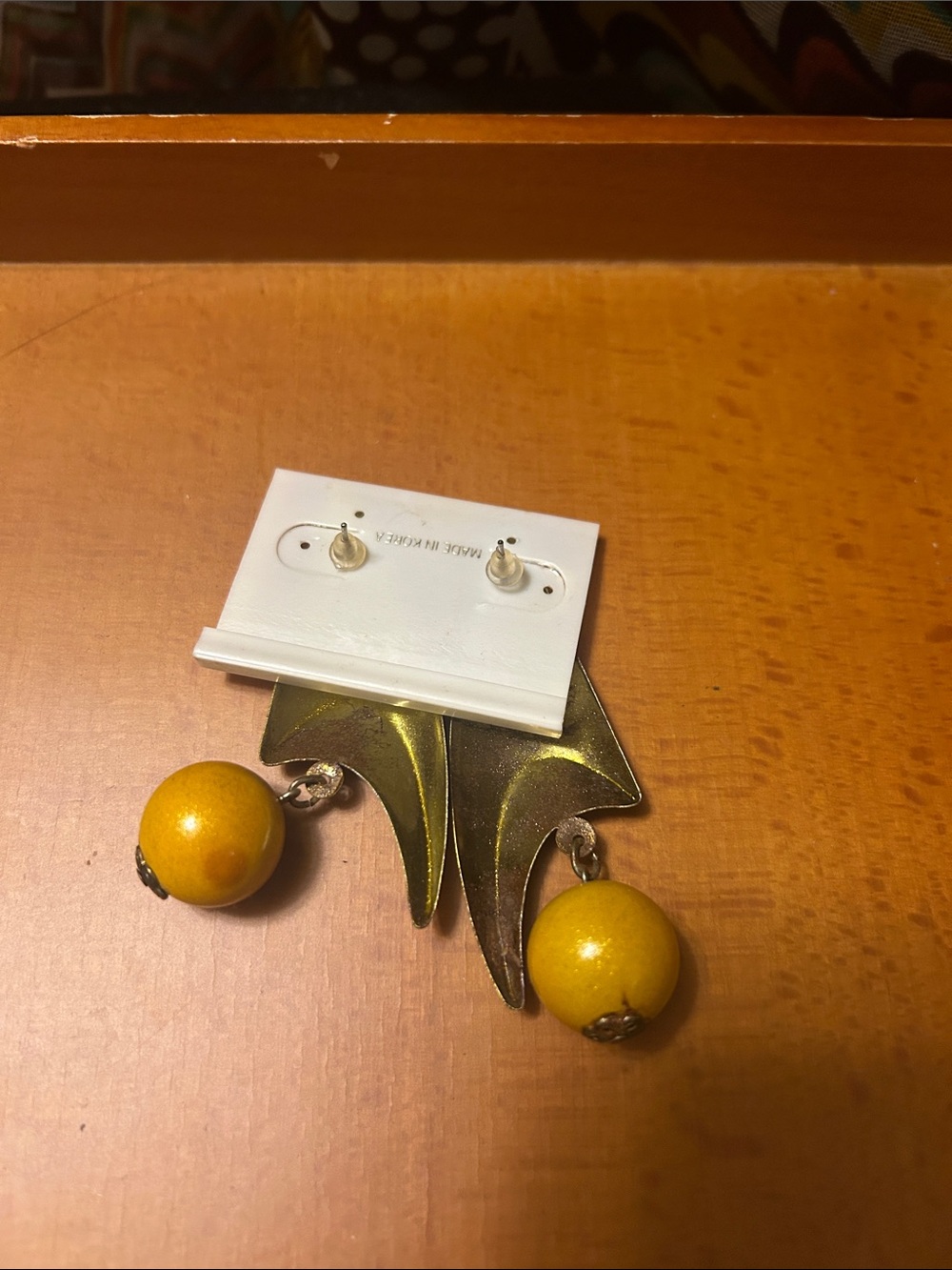 Vintage Gold Space Astro MCM Dangle Earrings with Yellow Bead Accents - Picture 2 of 4